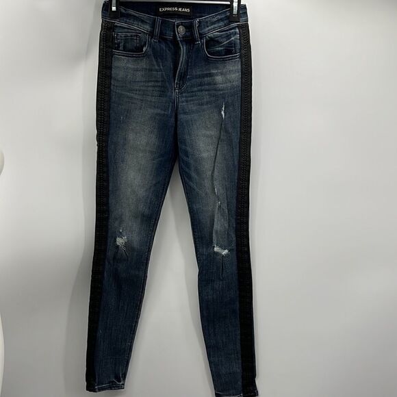 Express Jeans distressed with braided faux leather stripes on outside of legs - Picture 2 of 7